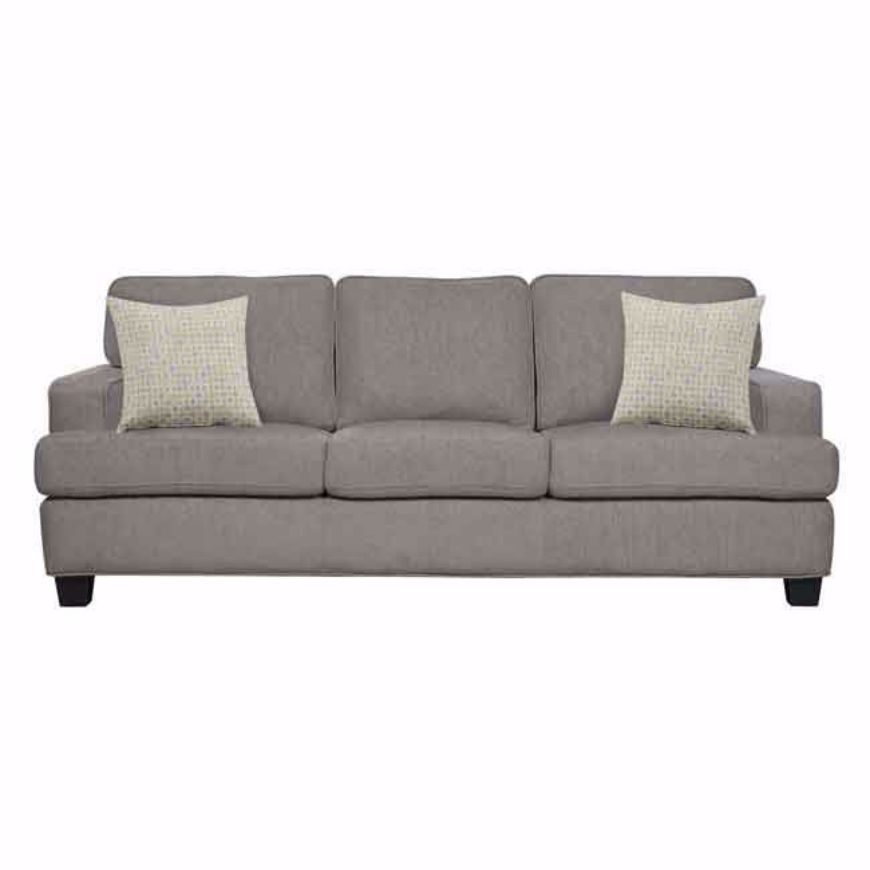 A contemporary taupe sofa featuring three plush seat cushions and two patterned throw pillows, raised on dark, low-profile legs against a white background.